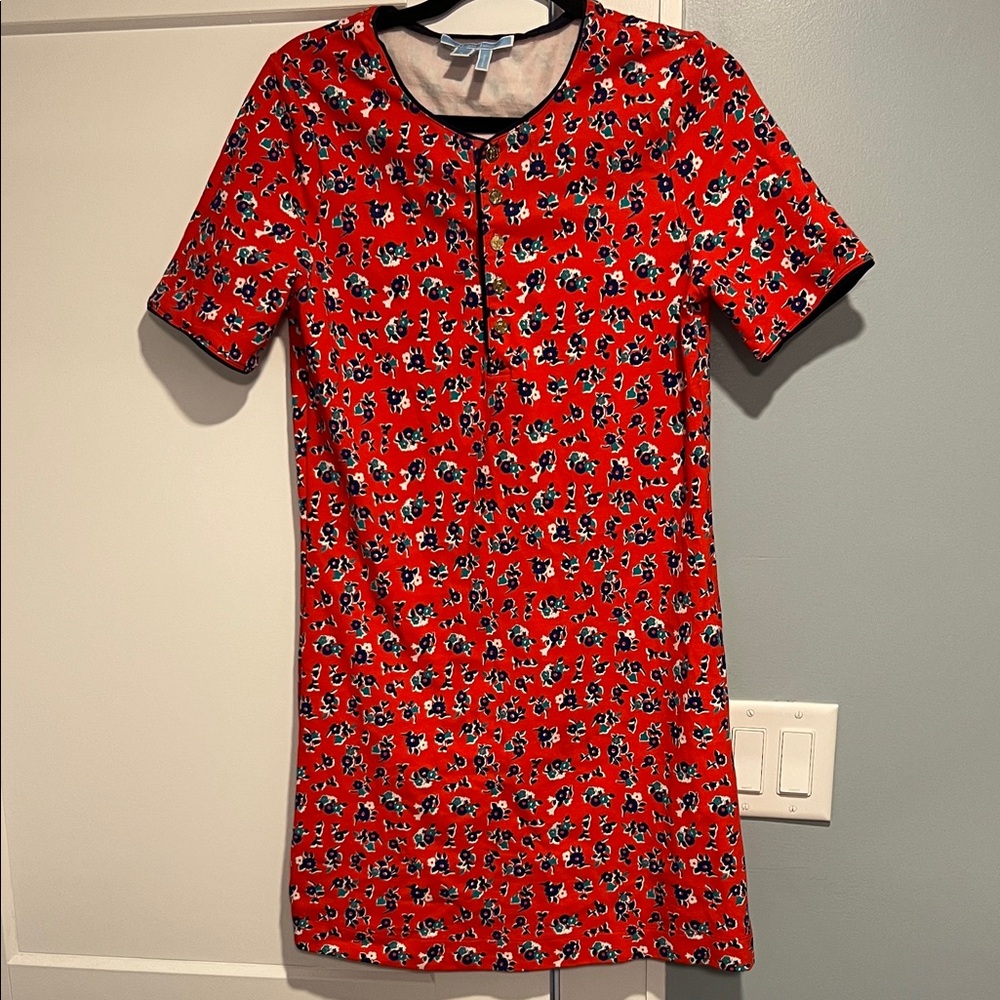 Draper James Red Floral Short-Sleeve Mini Dress with Black Trim